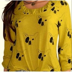 POSTAGE STAMP French Bulldog Yellow 3/4 Sleeve Top